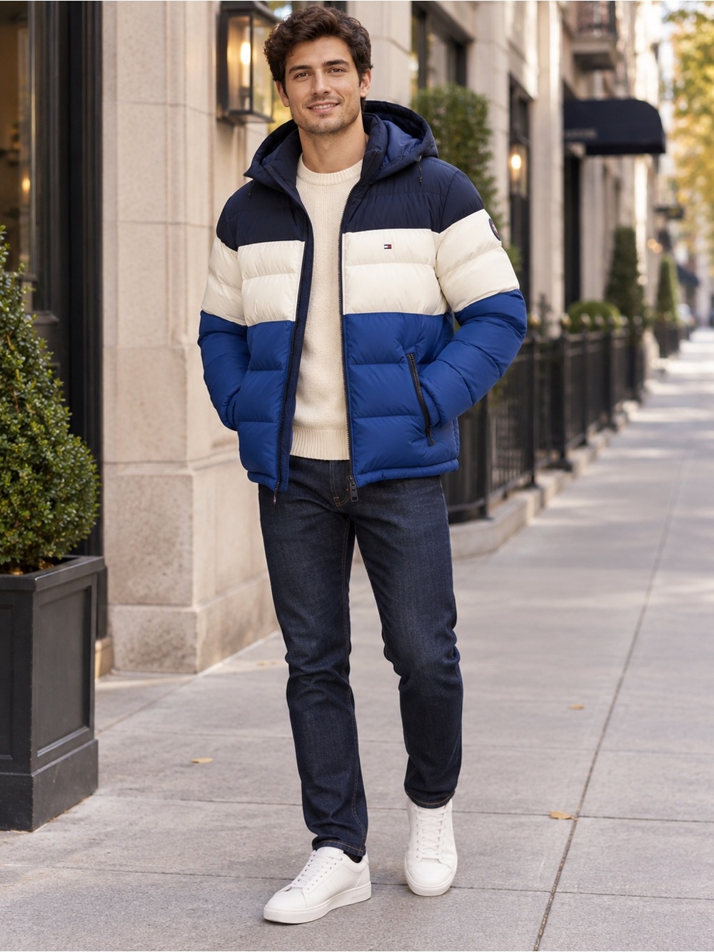 Tommy Hilfiger Men’s Colorblock Hooded Puffer Jacket XL Blue White Navy